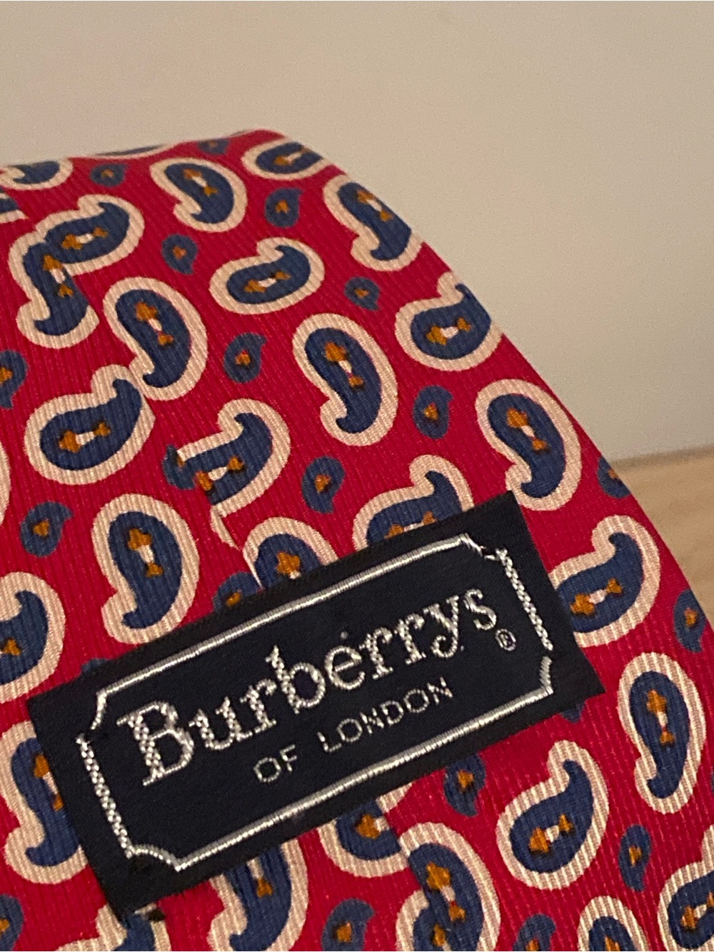 Burberry Red Paisley Silk Tie with Blue and Cream Accents